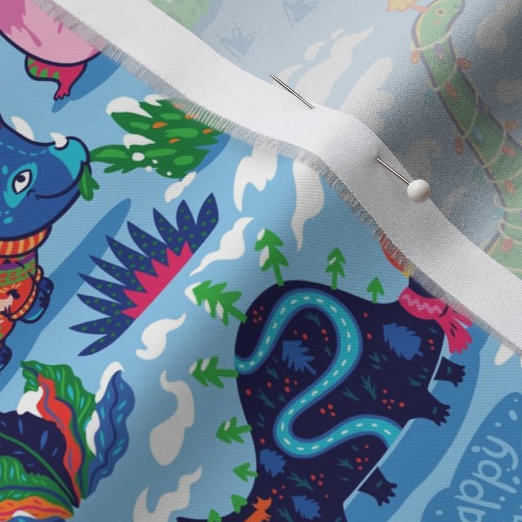 Spoonflower Fabric - Christmas Dinos Snow Winter Illustration Dinosaurs Kids Prehistoric Printed on Organic Cotton Sateen Fabric by The Yard - Sewing Quilting Apparel Home Decor