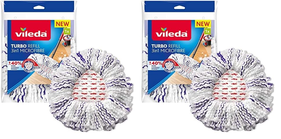 Vileda Turbo 3en1 Recambio, 1 Unidad, Compatible con Cualquier Sistema de fregona giratoria, Apto para Cualquier Tipo de Suelos Duros, Elimina el 99% de Las bacterias* Solo con Agua (Paquete de 2)