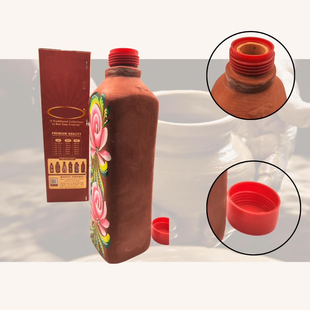 Botella de agua de arcilla roja con tapa, terracota hecha a mano, a prueba de fugas y naturalmente refrescante, botella ecológica con estampado de flores para agua potable (1000 ml