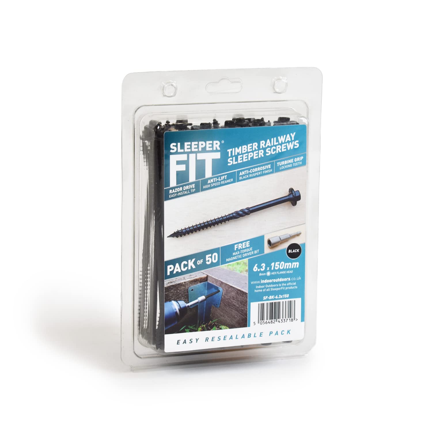 SleeperFit Official Black Timber Railway Sleeper Framola Pergola Screws - Extra Clamping 8mm Hexagon Flange Head - Torque Magnetic Driver Bit (Pack of 50) (6.3 x 150mm)
