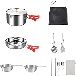 Set de Cuisine Camping - Équipement De Survie en Acier Inoxydable - Set de Casserole et Poêle pour Camping avec Sac de Transport,pour Cuisine D'Extérieur Jardin Randonnée Pêche Trekking