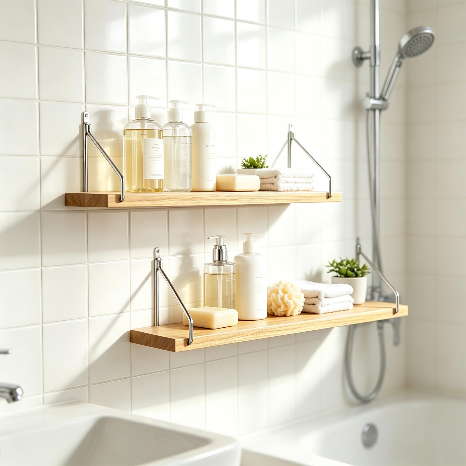 Étagères murales flottantes en bois rustique avec supports en acier inoxydable de 60 cm, étagère de rangement sans perçage pour salon, cuisine