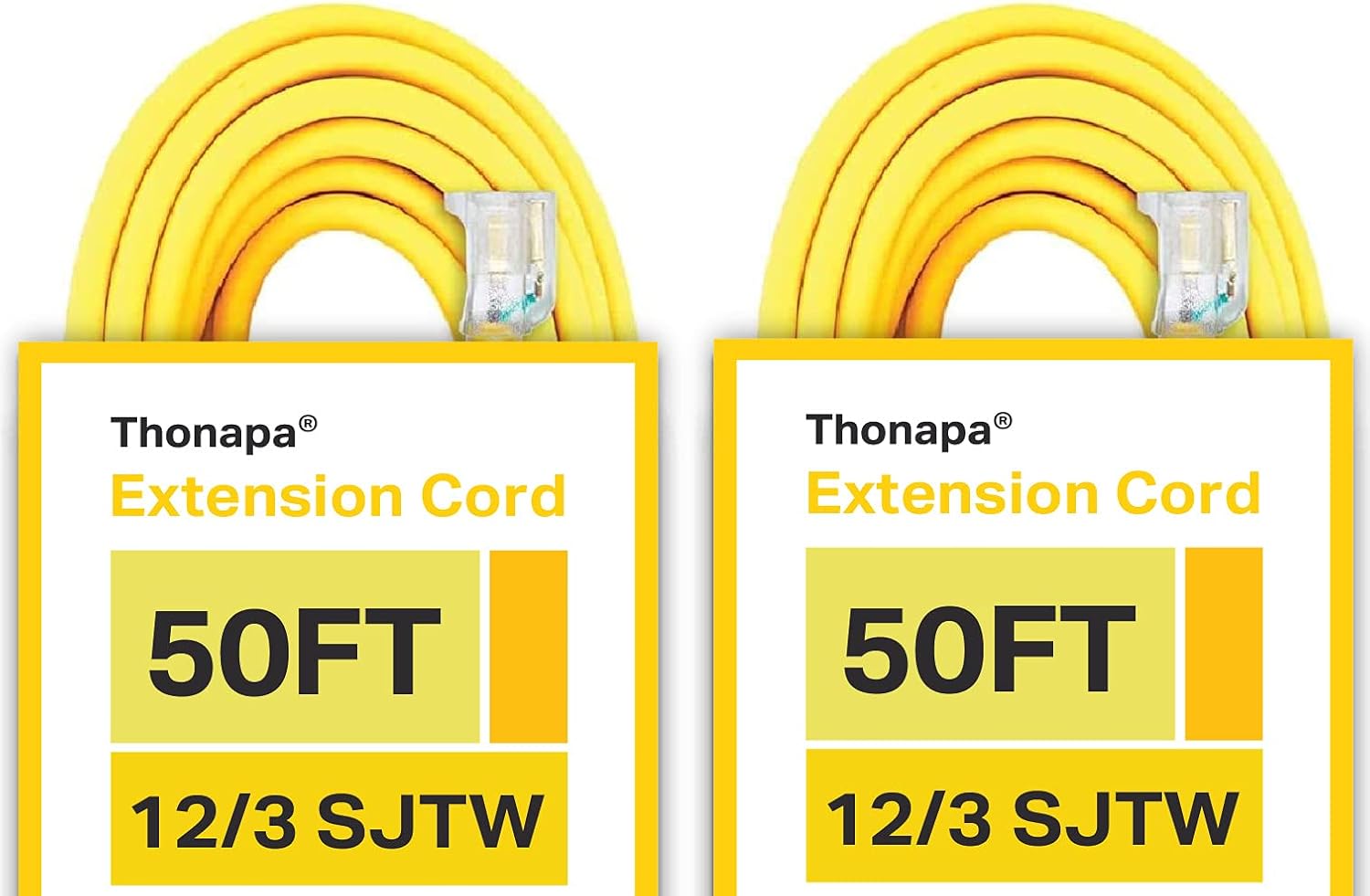 2 Pack of 50 Foot Outdoor Extension Cords - 12/3 Heavy Duty Yellow Extension Cable with 3 Prong Grounded Plug for Safety - Great for Garden and Major Appliances : Tools & Home Improvement