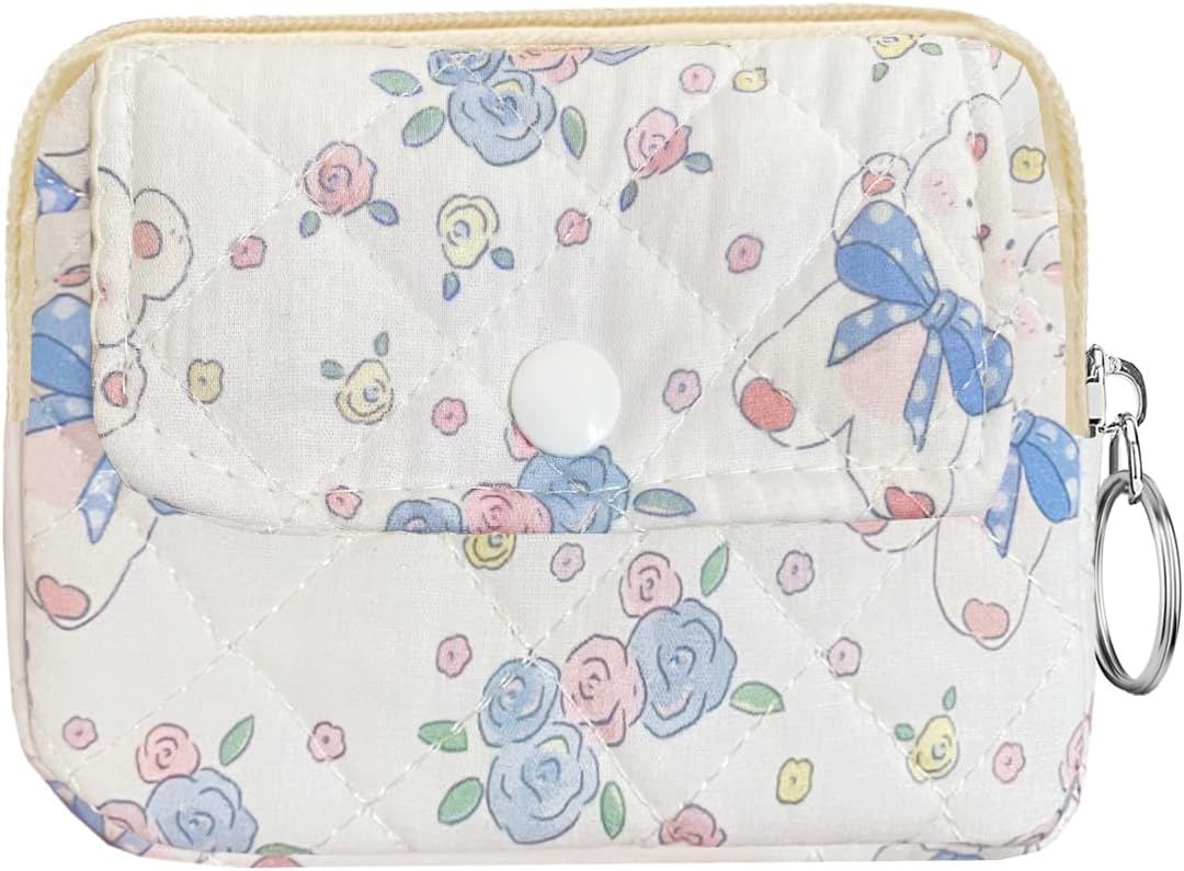 Cotton Quilted Floral Coin Pouch with Cute Prints Zipper for Women Girls (ROSE BEAR)