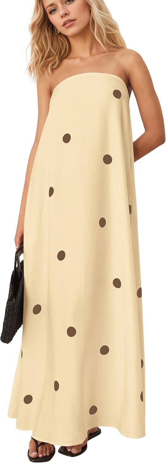 Women Polka Dot Strapless Maxi Dress Summer Flowy A Line Ruffle Backless Off Shoulder Long Tube Dress