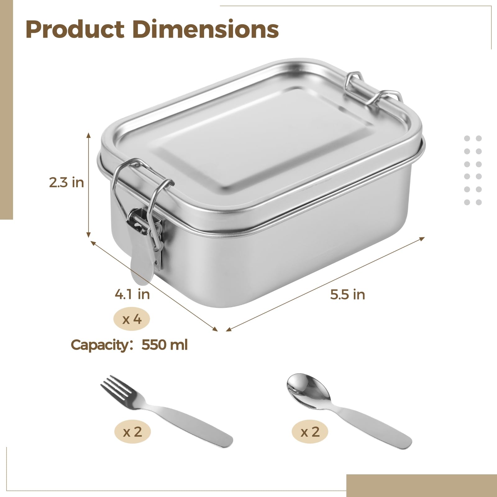 304 Edelstahl Lunchbox Set, 4 stapelbare Behälter mit Verriegelungsdichtung, 550 ml, inklusive Besteck für Büro und Kinder