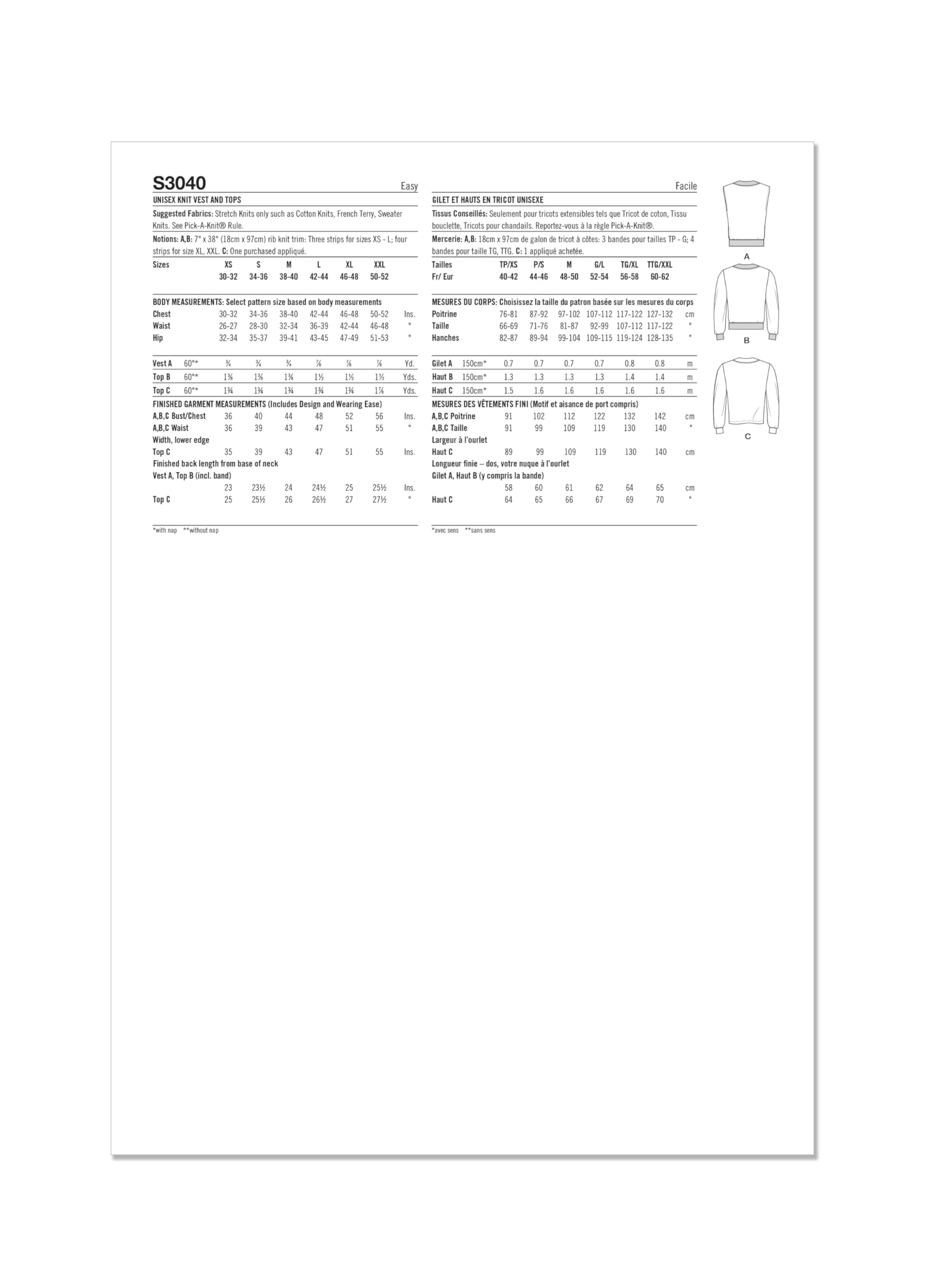 SIMPLICITY Sewing Pattern SS3040A Unisex Knit Vest and Tops A (XS-S-M-L-XL-XXL)
