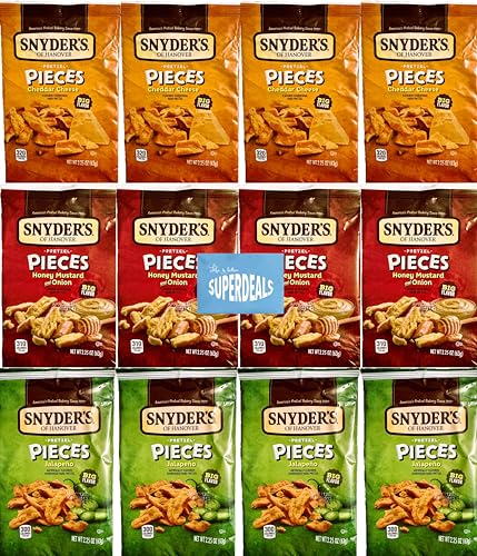 Image of Snyder's of Hanover Pretzel Pieces, Variety 12 Pack bundled by SUPERDEALS 4 Cheddar Cheese, 4 Honey Mustard and Onion, 4 Jalapeno Pretzels, 2.25 oz each bag, total 27 Ounces with mystery gift in every order