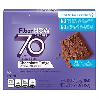 Fiber Now 70 Calorie Chocolate Fudge Cake Bars, 6 ct On the Go Low Carb 5g Net Snack Snacking Food Treat, Millville 5.29oz Box
