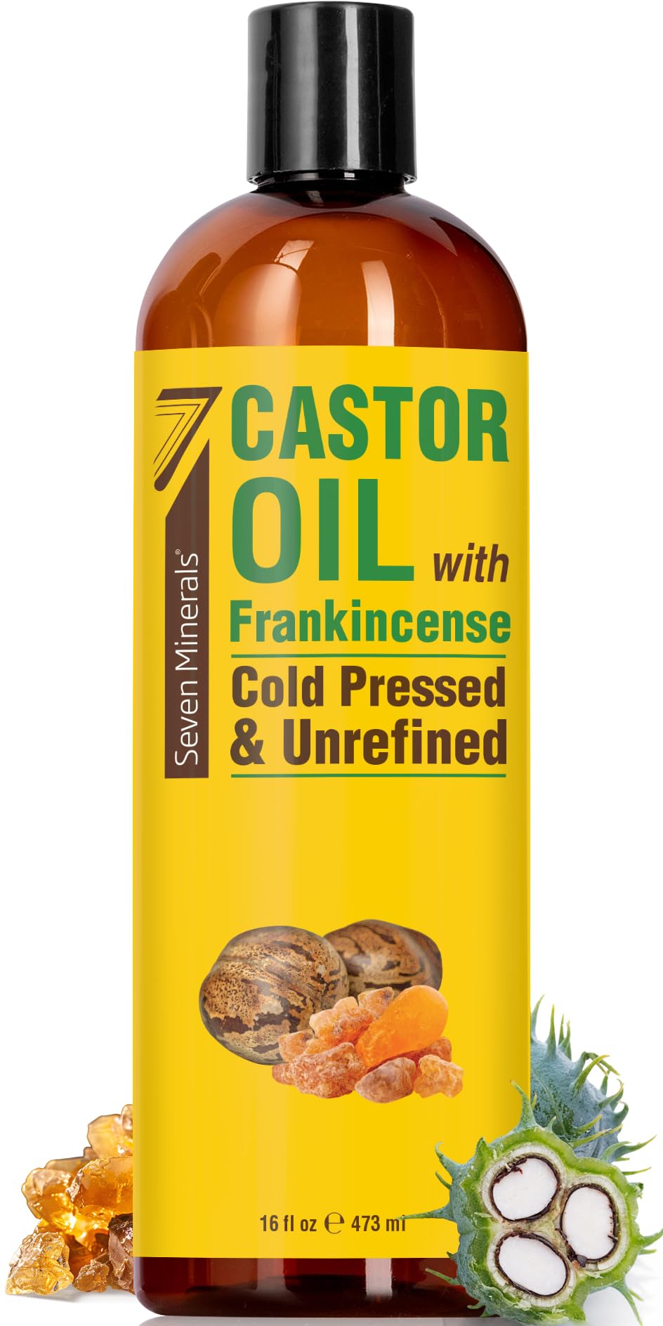 Seven Minerals Cold Pressed Castor Oil with Frankincense - 16 fl oz Bottle - Unrefined & Hexane Free - Hair Growth, Thicker Eyelashes & Eyebrows, Dry Skin Care, Joint and Muscle Relief (Pack of 1)