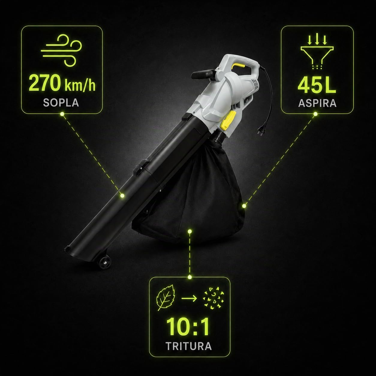 KOMBO - Soplador/Aspirador 3000W con Trituración 10:1, Velocidad 270 km/h, Bolsa 45L, con Ruedas Guía - para Hojas y Césped - Alimentación 230V