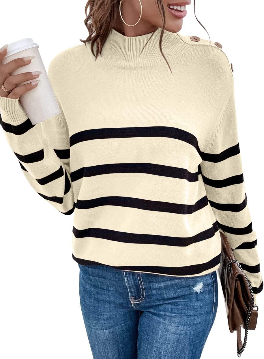 LONGYUAN Women Winter Turtle Necks Striped Knit Sweater Long Sleeve Pullover Casual Color Block Spring Tops 2025