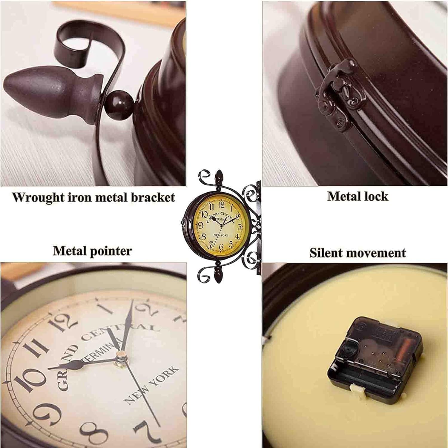 Outdoor Garden Wall Clock, Classical 360°Rotation Double Sided Train Station Clock with Station Bracket Garden Clock Indoor Outdoor Decoration