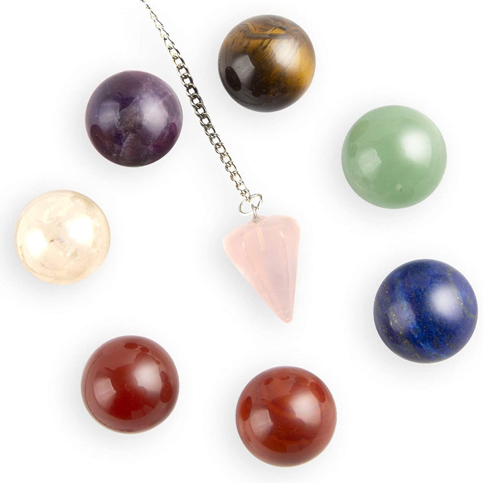 Juego de esferas de Bolas de Cristal de curación Natural - Esferas de Cristal de 7 Chakras y Péndulo de Cuarzo Rosa - Piedras de Chakra caídas para Reiki, Sanación Energética, Meditación