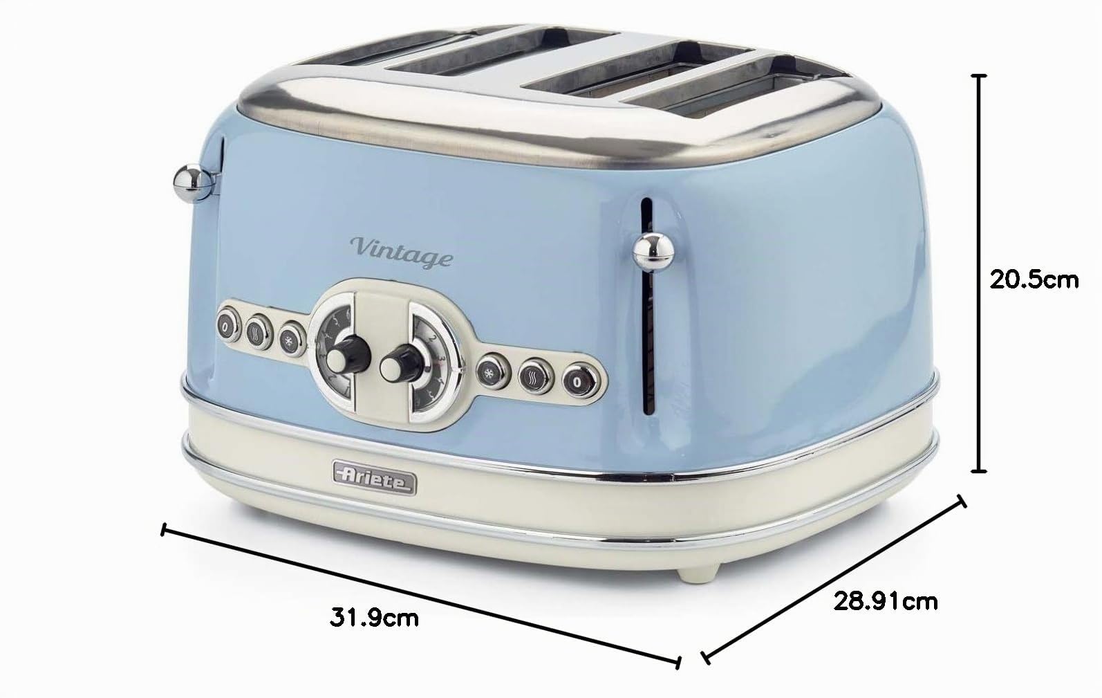 Ariete 156/05 - Tostador 4 ranuras paredes frías, sistema expulsión automática, 1600 W, acero inoxidable, pies antideslizantes, azul pastel