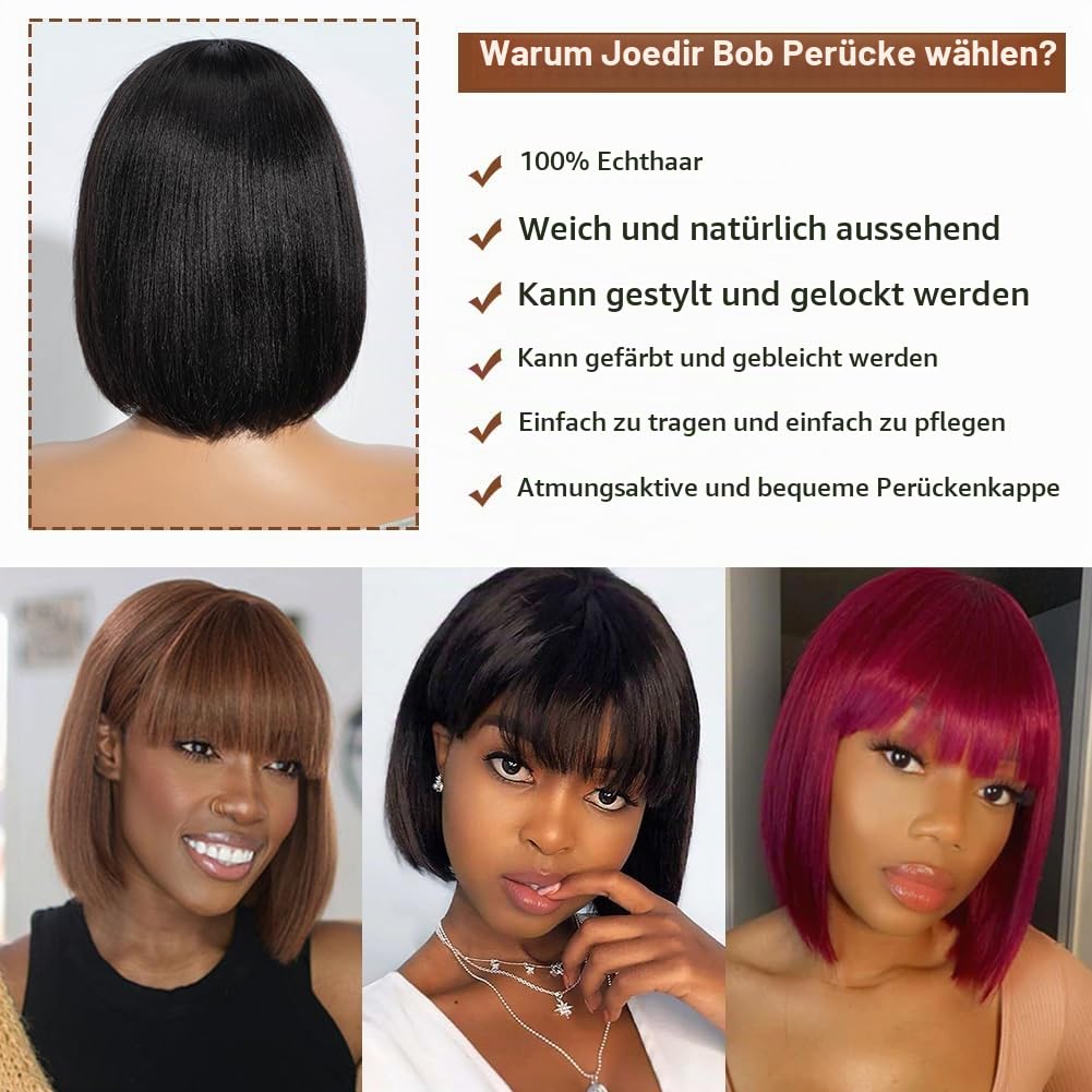 Joedir Straight Bob Perücke mit Pony 20 CM brasilianische kurze Echthaar-Perücken Schwarze Bob Perücke Echthaar keine Spitze vorne Kleberlose Perücken für Frauen