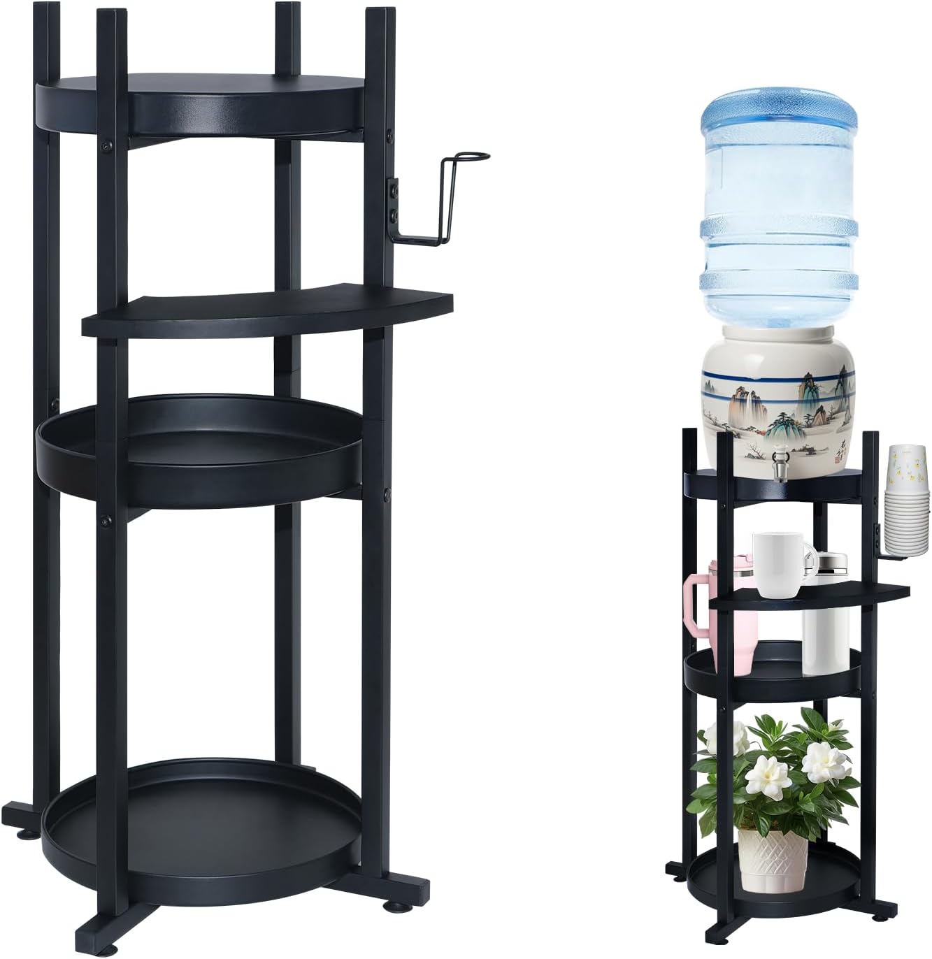 water dispenser stand water stand for 5 gallon bottle water jug stand , 3 tier corner stand with curved shelf for cups for 1-5 gallon water bottles/crocks, water jug and plant stand (black)
