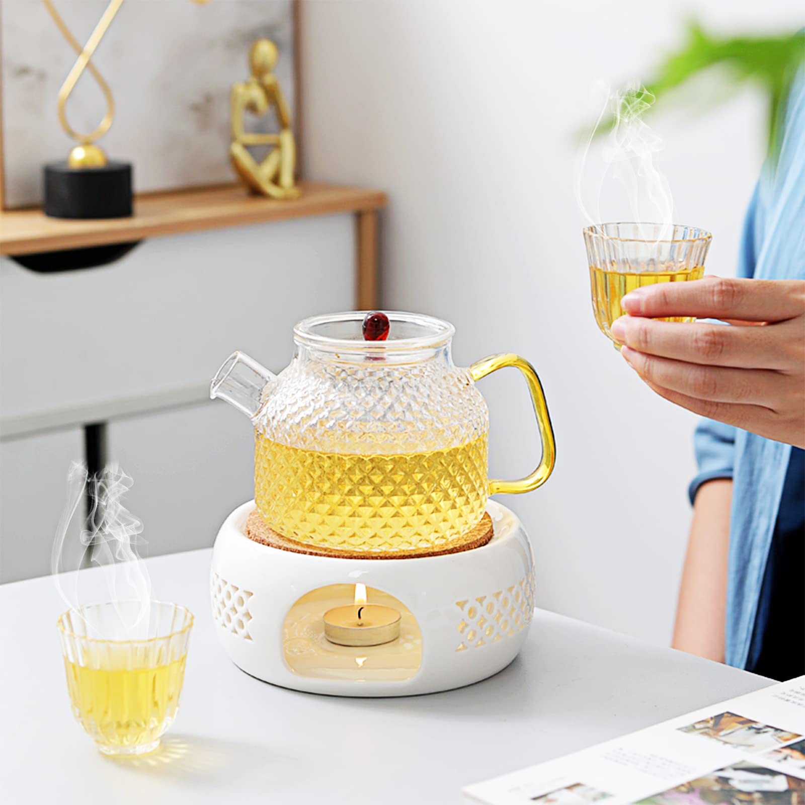 Relota Porcelanowy czajniczek do herbaty, podgrzewacz porcelanowy, rzeźbiona konstrukcja z poduszką korkową, świecznikiem, do podgrzewania i utrzymywania ciepła