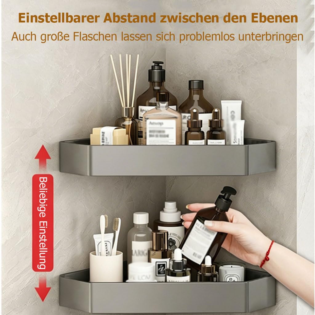 Duschablage Ohne Bohren Rostfreie Aluminium, Shampoo Halterung für Dusche, Platzsparender Wandorganizer Duschregal Eckablage für Kosmetik Pflegemittel,Grau,2Stufe
