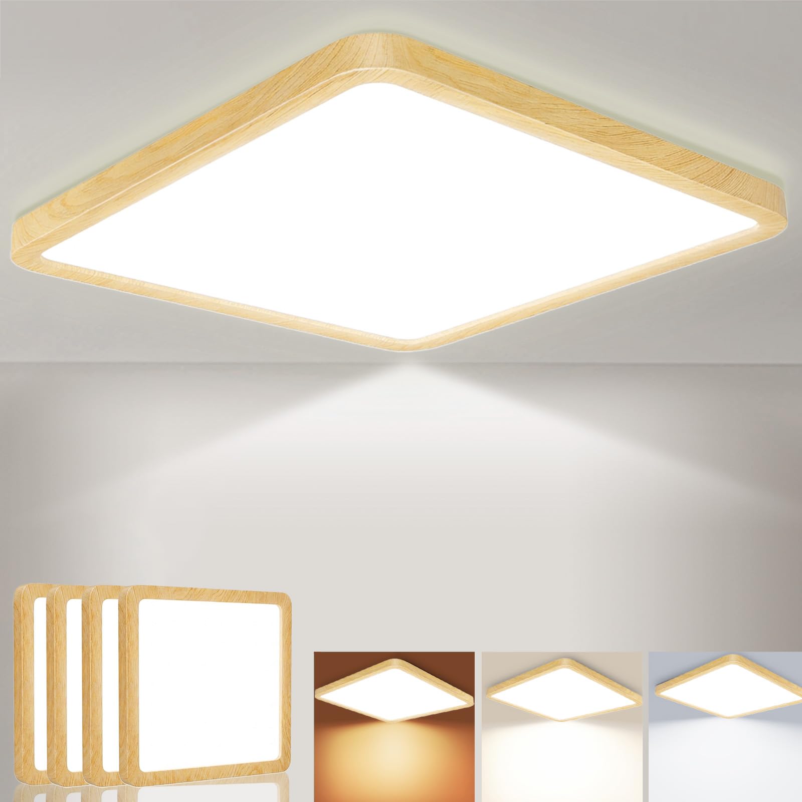 Plafoniera LED Soffitto Dimmerabile 24W, 3200LM Lampada da Soffitto, 6000K/4000K/3000K, IP54 Impermeabile Quadrata Plafoniere, Per Tutti Gli Ambienti Casa, Diametro Ø30CM, Finto legno Confezione 4