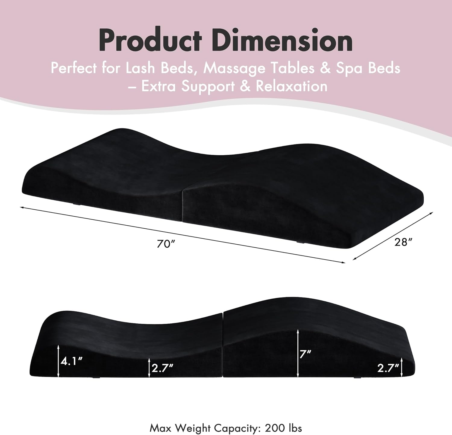 Foldable Curvy Lash Bed Topper 70"x28", Ergonomic Foam Pad Massage Table Cushion with Plush Washable Removable Cover, Non-Slip Esthetician Topper for Salon, Spa, Waxing, Eyelash, Tattoo, Facial Black