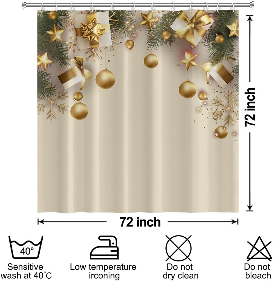 Christmas Shower Curtain for Bathroom 72x72inches Gold Pearls Snowflakes X-mas New Year Decor Shower Curtain Set with Hooks Green Leaves Waterproof Fabric Shower Curtain