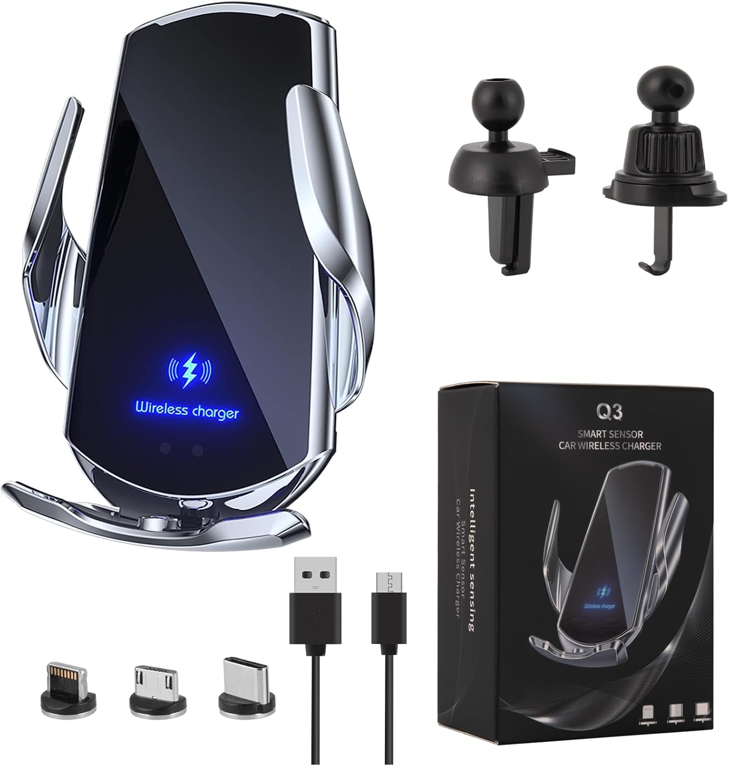 Wireless Car Charger Mount Automotive Electric Induction 15W Wireless Charger Car Auto Clamping Car Phone Holder Mount Wireless Charging Mount Vent Phone Holde Compatible with Android (Blue)