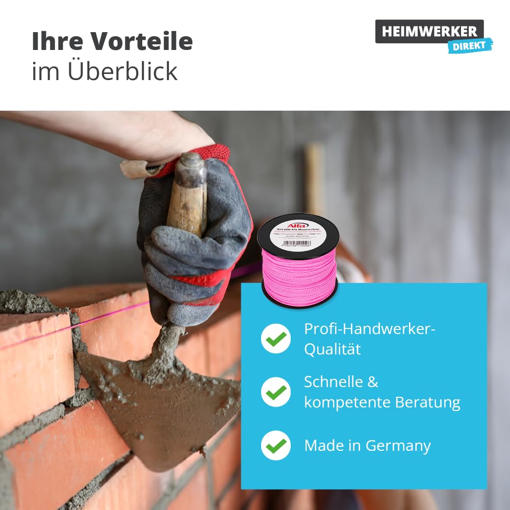 1x Alfa Maurerschnur Pink 100 m Länge Ø 2,0 mm Profi-Qualität Polypropylen rund geflochten Reißfest & Belastbar Richtschnur Bauschnur Lotschnur Pflasterschnur