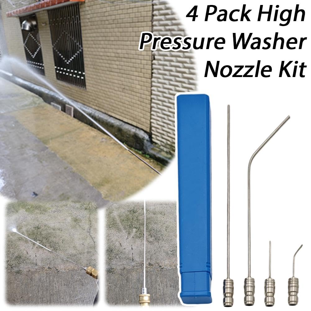 4 Pack High Pressure Washer Nozzle Kit for Washing Machine & AC Cleaning, 1/4 Quick Connect Stainless Steel Wand with Straight & Curved Needles, Heavy Duty Hose Washer Spray Nozzle Kit