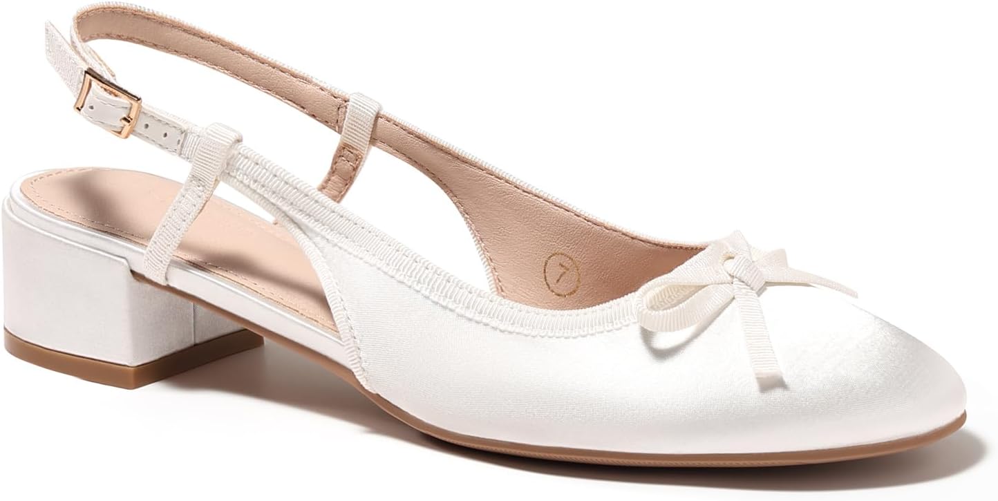 Coutgo Womens Chunky Low Heels Slingback Ballet Bow Pumps Closed Toe Wedding Dress Shoes