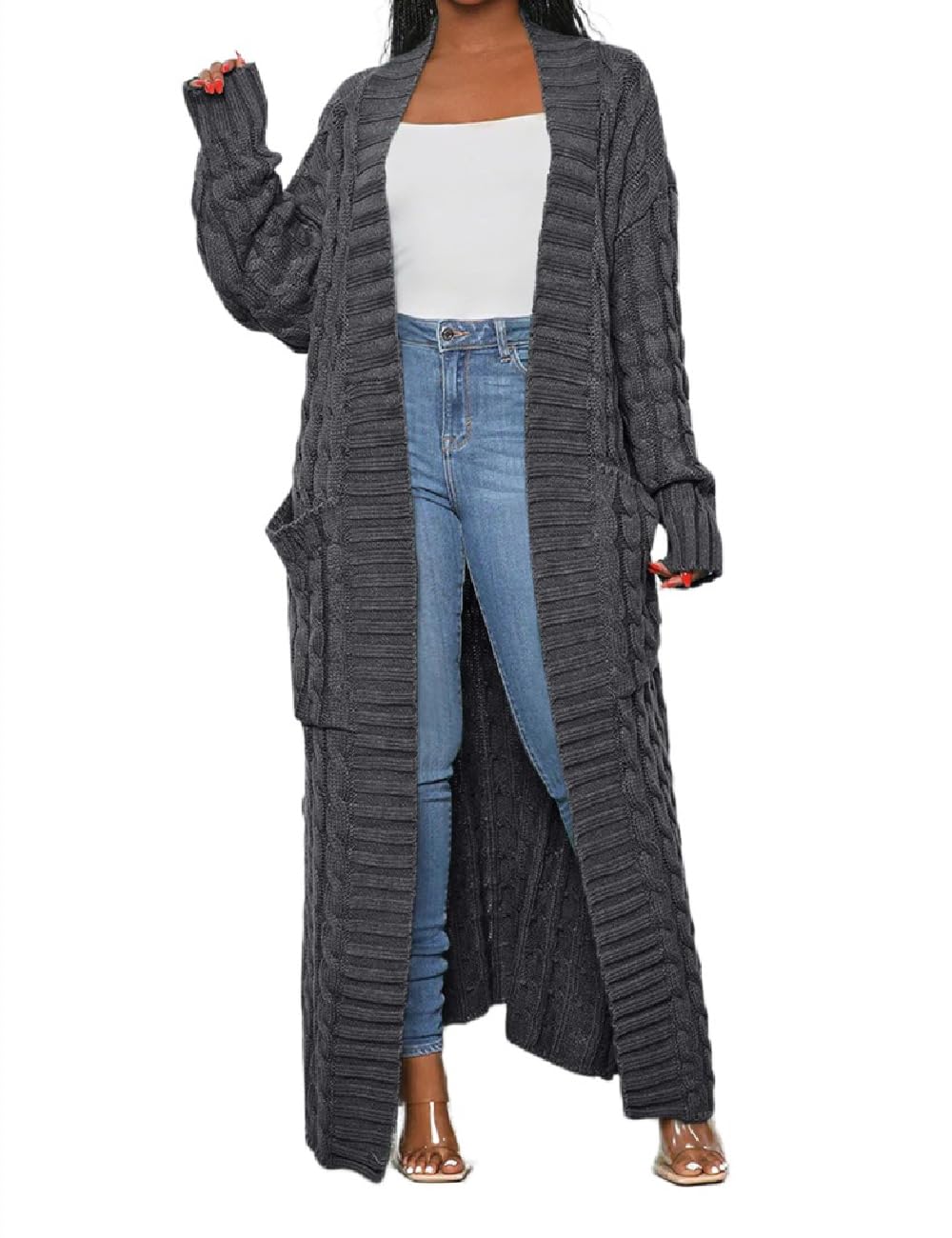 Womens Thin Stylish Cable Knit Dual Extra Long Maxi Cardigan with 2-Pockets