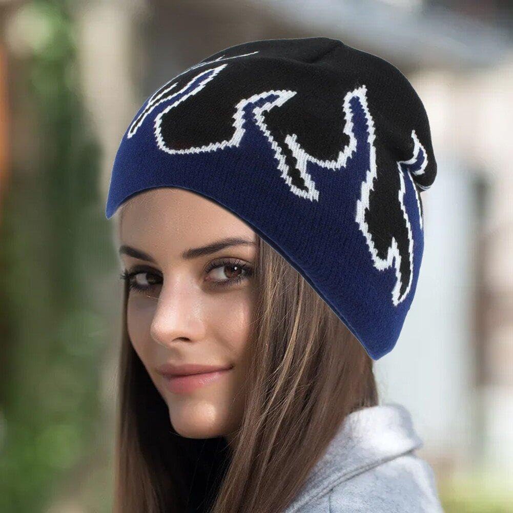 Autumn Winter Jacquard Beanie Hat Flame Pattern Warm Soft Knitted