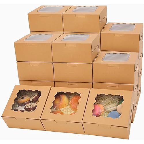 Bakepacker 60 cajas de papel kraft para panadería con ventana de 6 x 6 x 3 pulgadas de grosor y resistentes cajas de pastelería de macarrones para