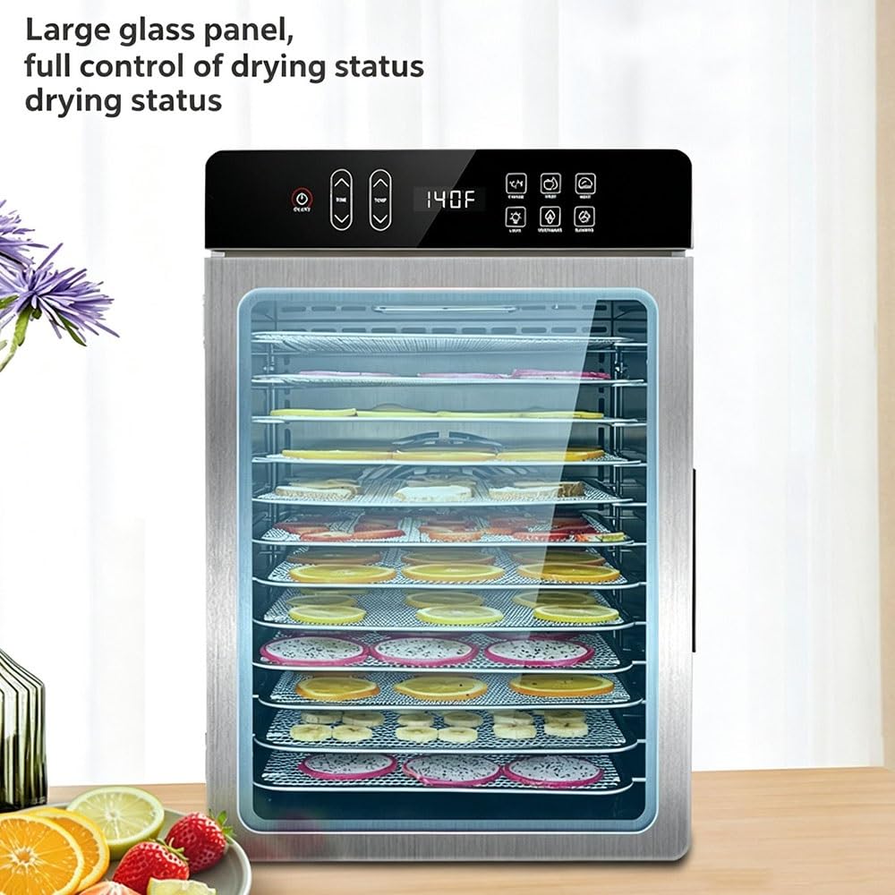 Essiccatore per Alimenti professionale 800W in Acciaio Inox, 10 Vassoi in Acciaio Inox, Grande Capacità, Display LED, Timer 24H, Temperatura Regolabile 30℃ – 90℃, per Carne, Frutta, Verdure(10 tray)