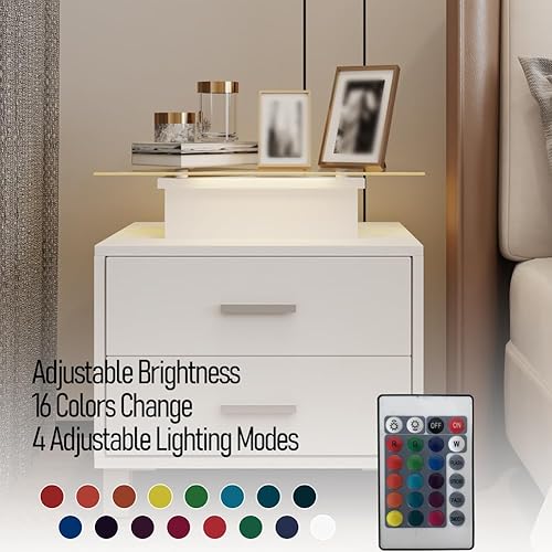 Miniatura 4 de EastVita Mesita de noche LED con estación de carga, escritorio de vidrio templado, mesa auxiliar de camamesita de noche con 2 cajones y luces LED,