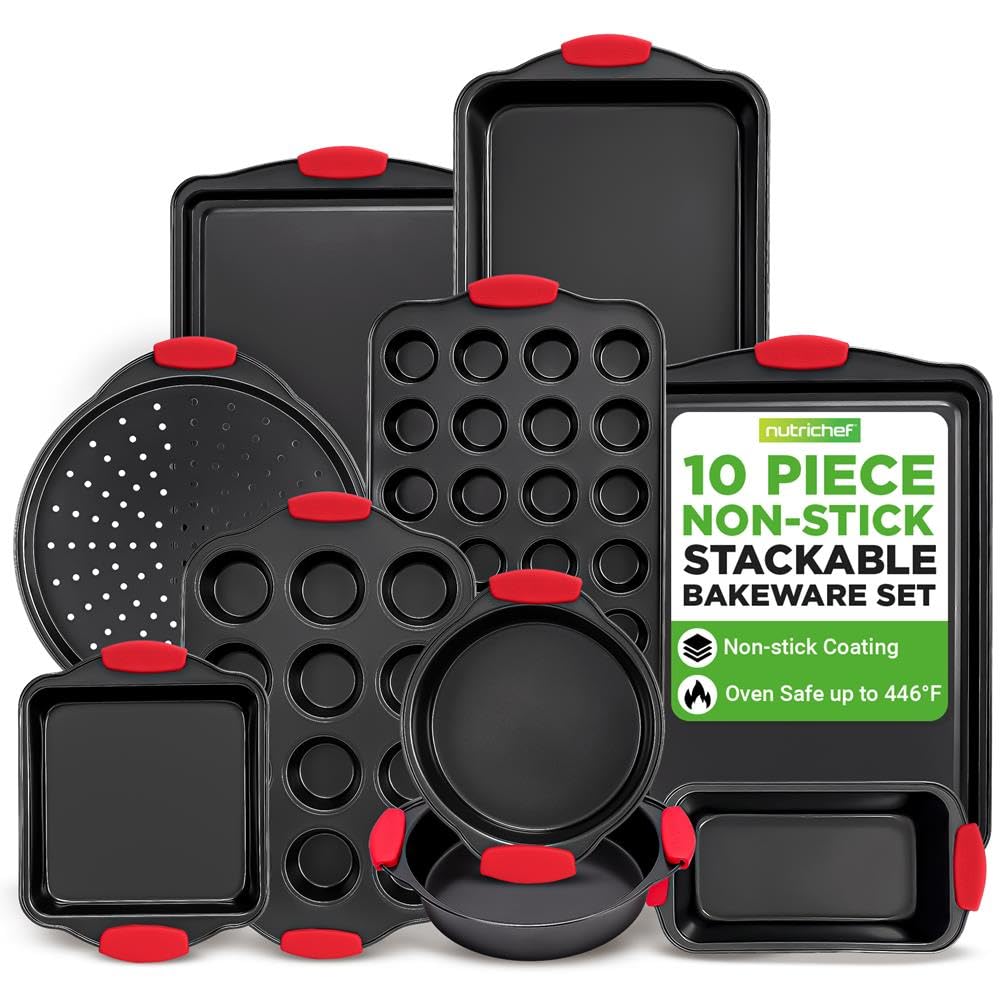 NutriChef Juego de bandejas antiadherentes para hornear de 10 piezas, apilables, aptas para horno, bandeja para galletas, pan, pizza, magdalenas, pasteles, sartenes redondas y cuadradas, bandejas