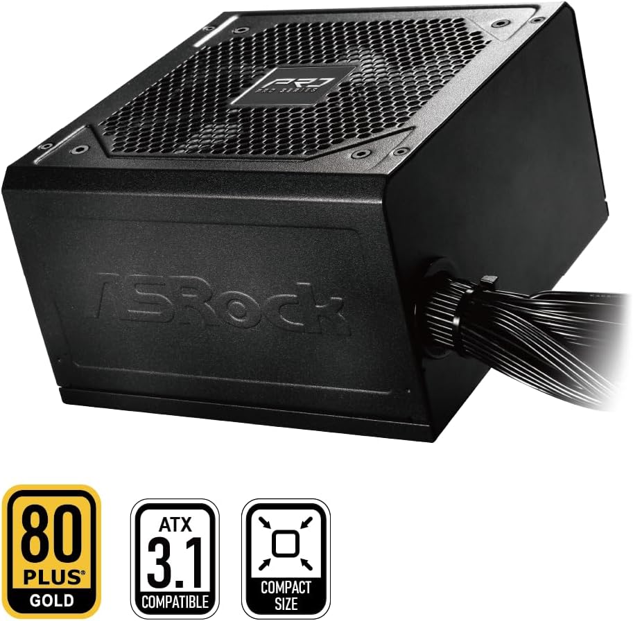ASRock PRO-650G Power Supply, angled view with 80 Plus Gold, ATX 3.1, and Compact Size badges