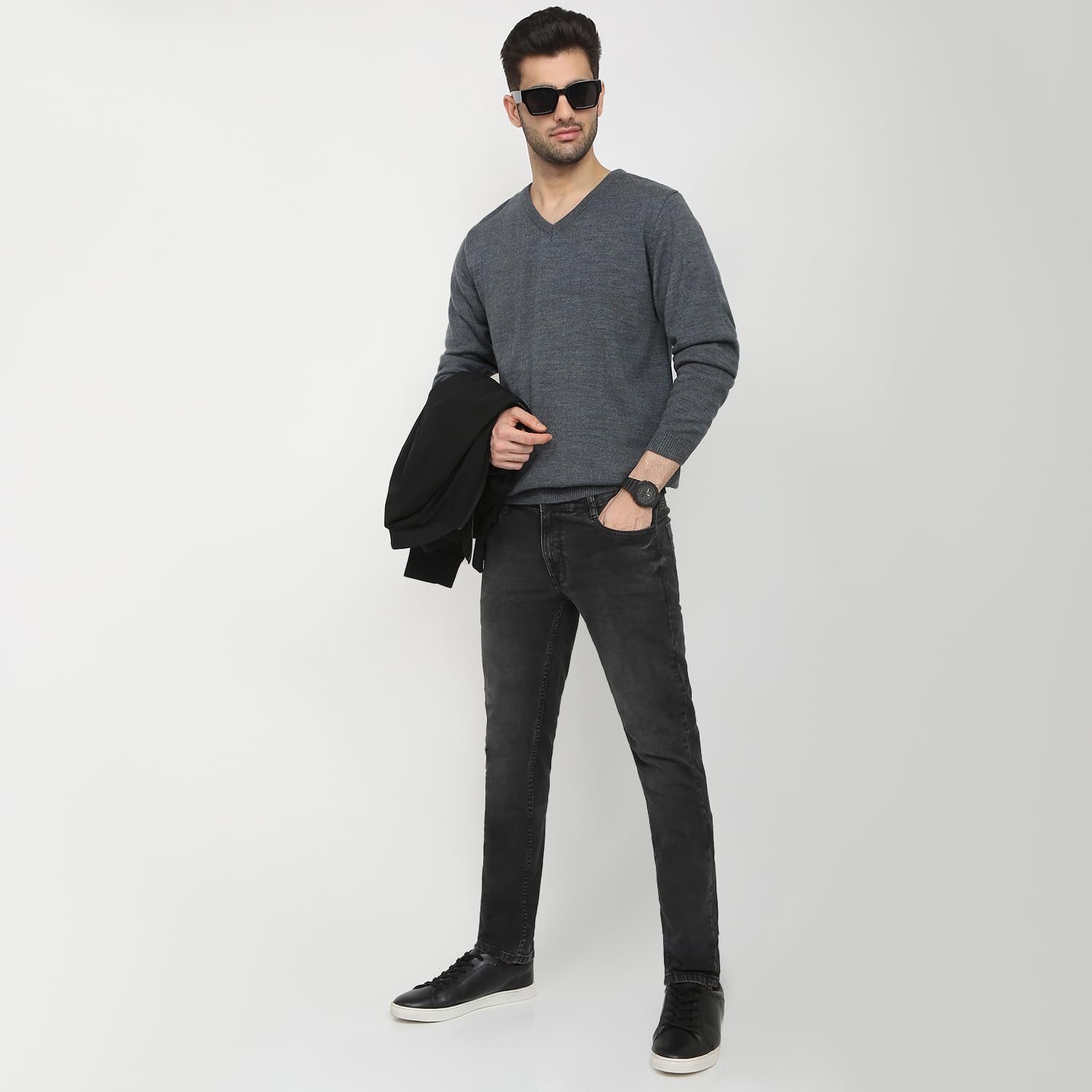 Park Avenue Men Regular Fit Solid Pattern Acro Wool Blend Full Sleeve V Neck Sweater (Size: 95)-PCWA00447 Dark Grey - Image 5 thumbnail