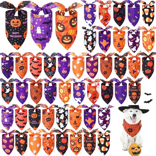Image of Abbylike 50 Pcs Halloween Dog Bandanas Bulk, Pumpkin Ghost Bat Skull