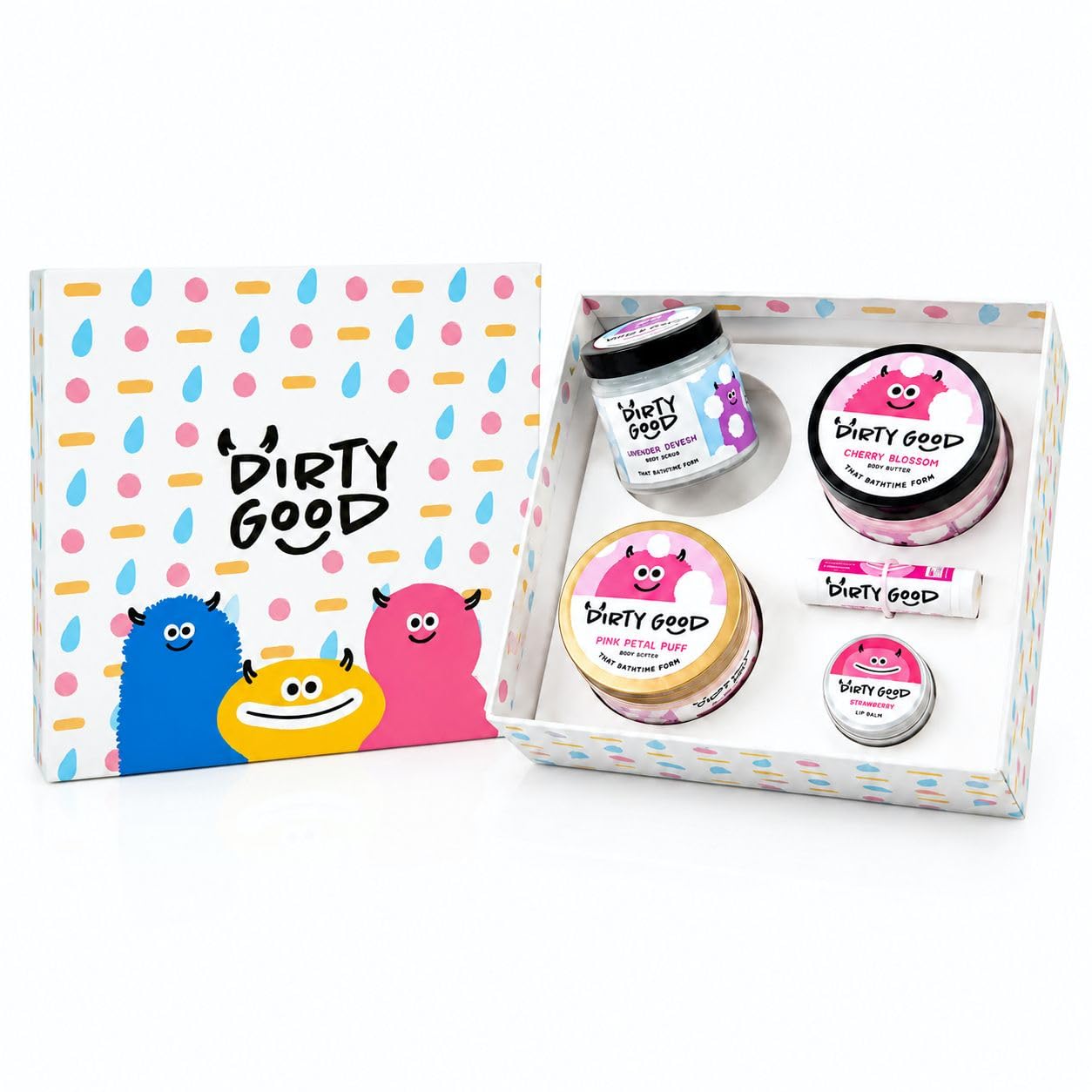 Dirty Good Gift Hamper Combo - Pack Of 5| 1x Mermaid & 1x Cherry Blossom Bathing Foam,1x Pink Petal Body Butter Wash,1x Strawberry Lip Balm,1x Watermelon Chapstick |No Harmful Chemical|Men & Women-image-23