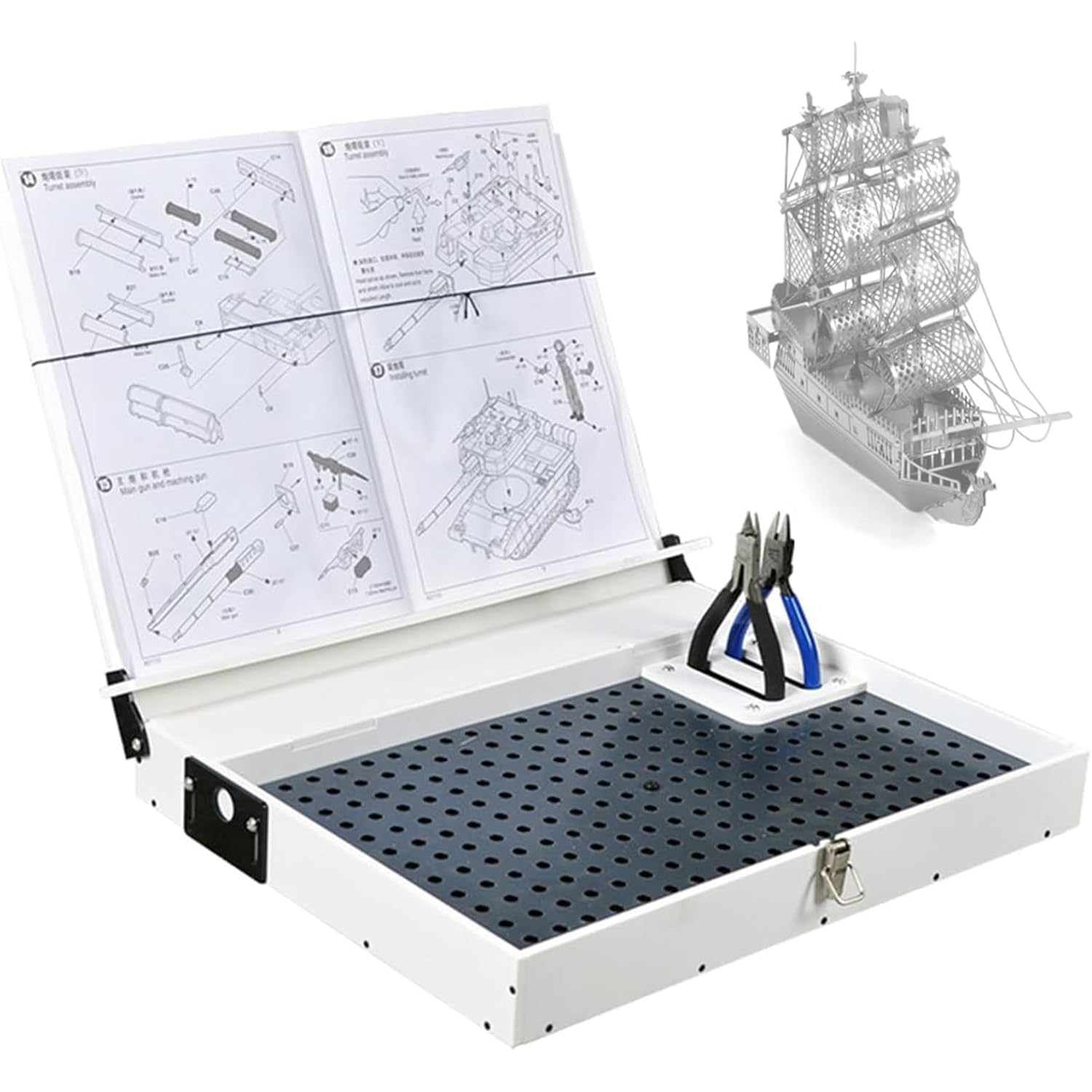 Kit di Modellismo, Banco da Lavoro Portatile con Superficie di Lavoro in Metallo e Vassoio Estraibile, Postazione di Lavoro di Precisione per la Costruzione, la Pittura e L'assemblaggio di Modelli