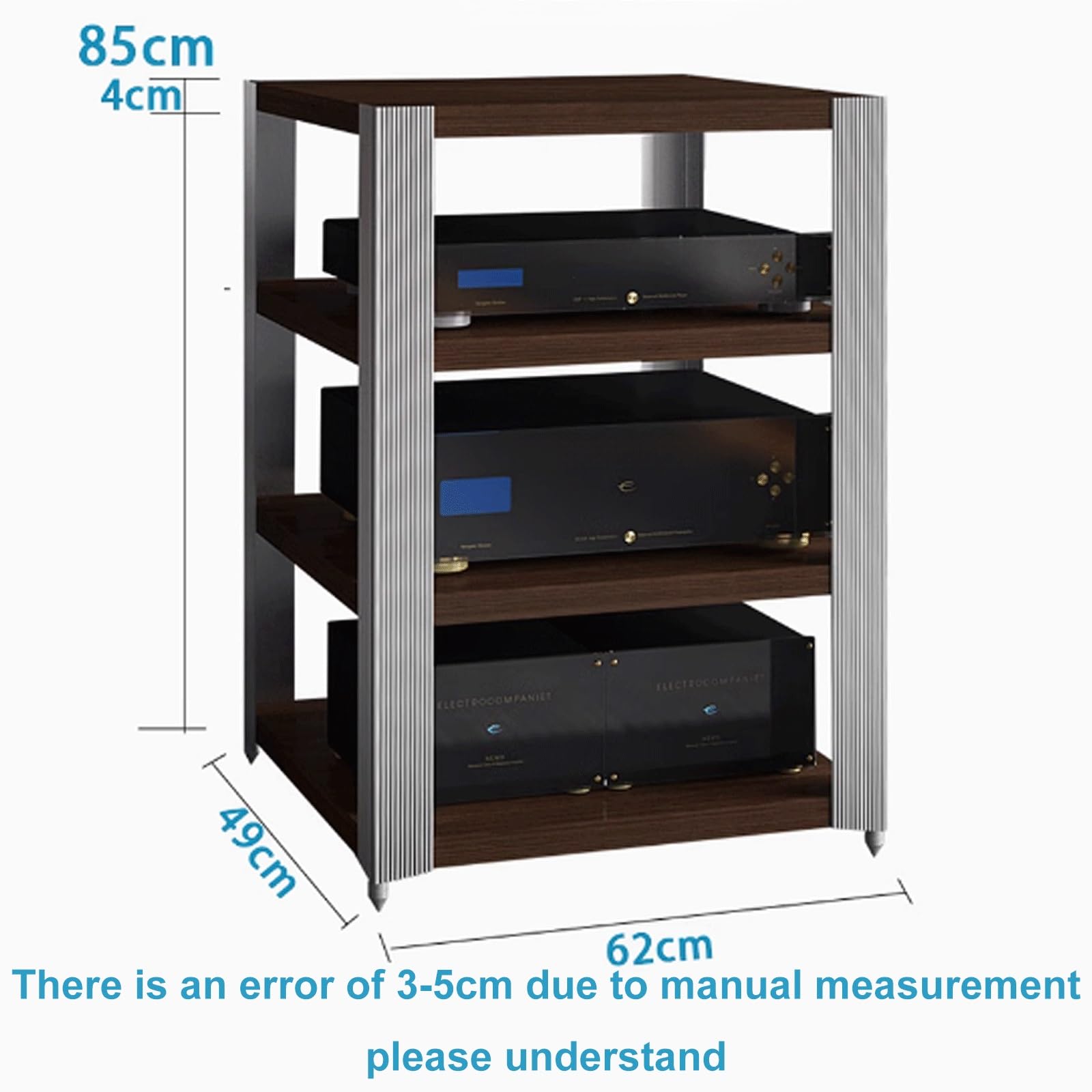Moderno supporto AV in lega di alluminio a torre con mensola a 4 strati, design ammortizzante in marrone e argento, perfetto per home theater e apparecchiature audio