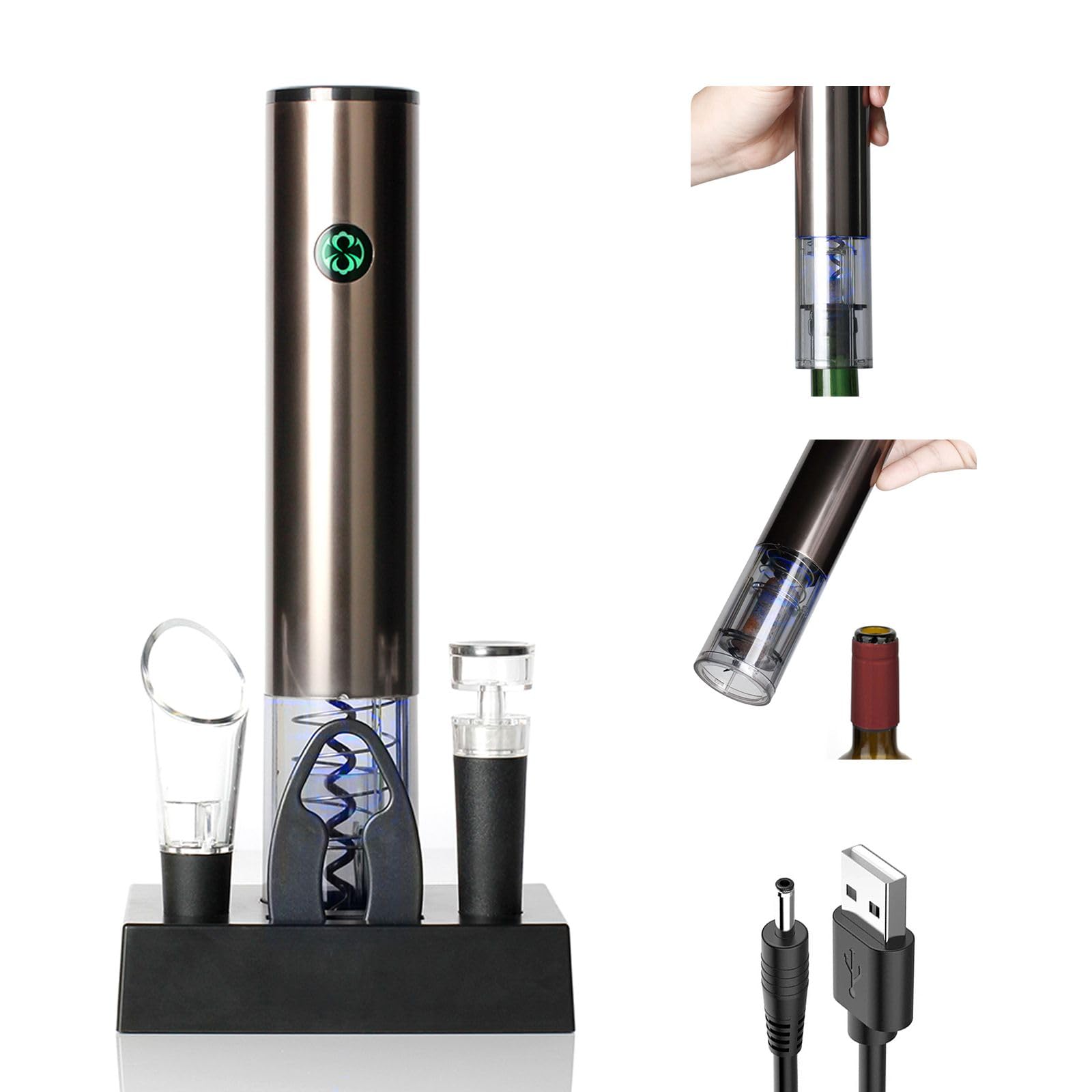 Electric Wine Opener Set with Charging Base,Automatic Wine Bottle Opener with Foil Cutter, Vacuum Stoppers,Pourer, Storage base for Home Kitchen, Wine lovers