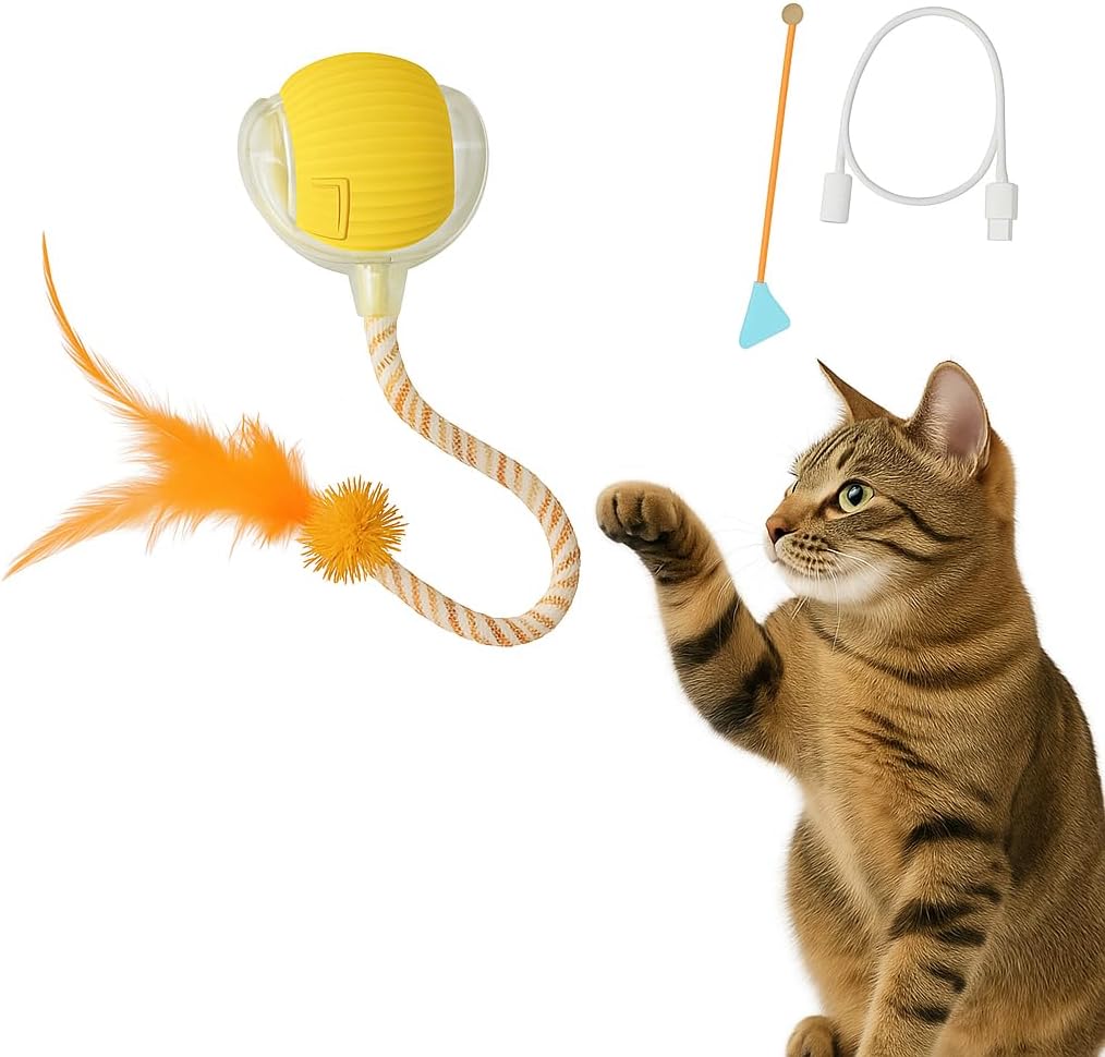 Automatic Cat Toy Ball – Rechargeable Cat Ball with Feather & Ribbon Tail – Light-Up Effects – Smart Rolling Indoor Cat Toys – Dual Speeds – Interactive Cat Toys for Kittens