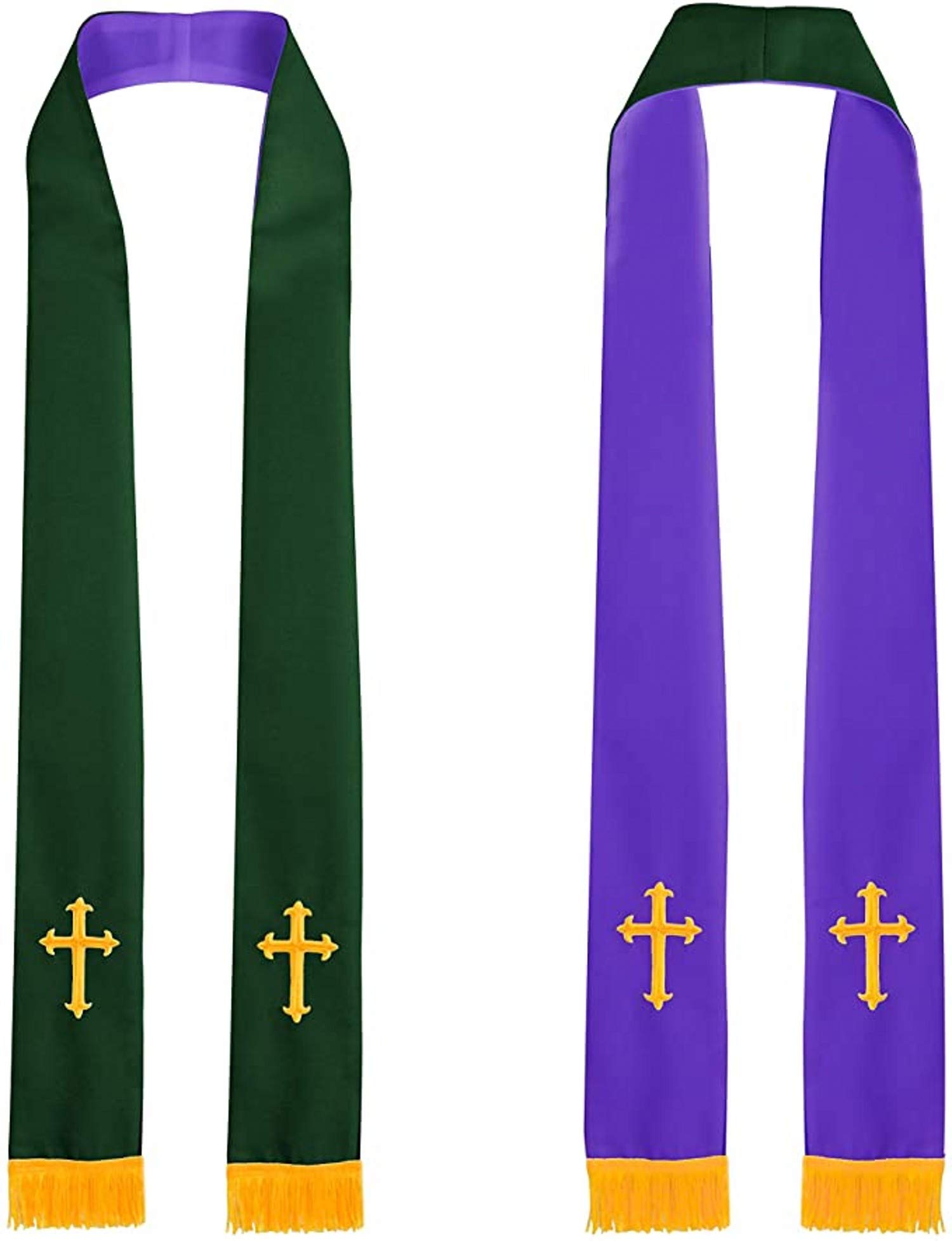 Graduatepro Men's Forest & Purple Church Clergy Stole Pastor Reversible 90" Pastor Choir With Gold Hand Embroidery Cross Tassel Unisex Forest Purple