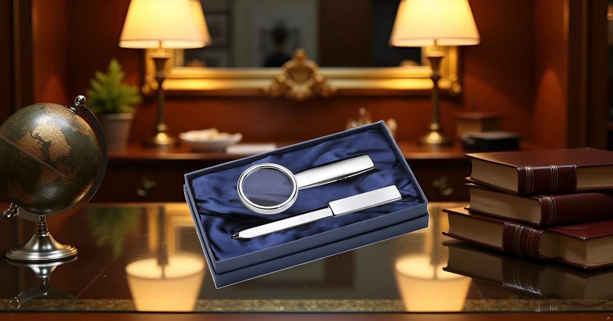 Lupe & Brieföffner Set | Silber Plated versilbert | Edles Schreibtisch-Set | Inkl. Geschenkbox | Premium