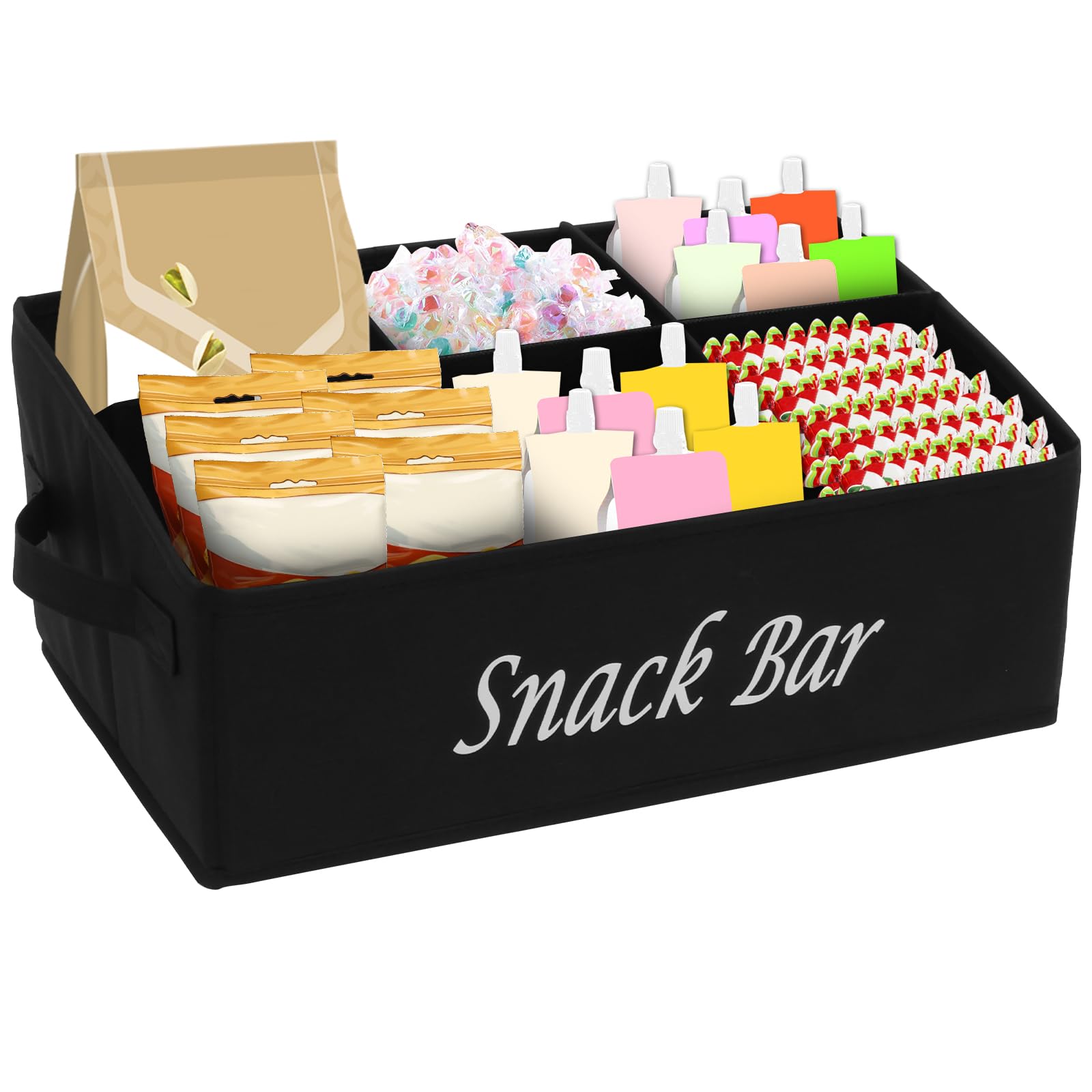Bpyhebe Snack Storage Bag, 6 Compartment Snack Organiser with Handles, 40x25x18cm Trapezoid Candy Bar Basket, Crisp Storage for Pantry Container and Holder (Black)