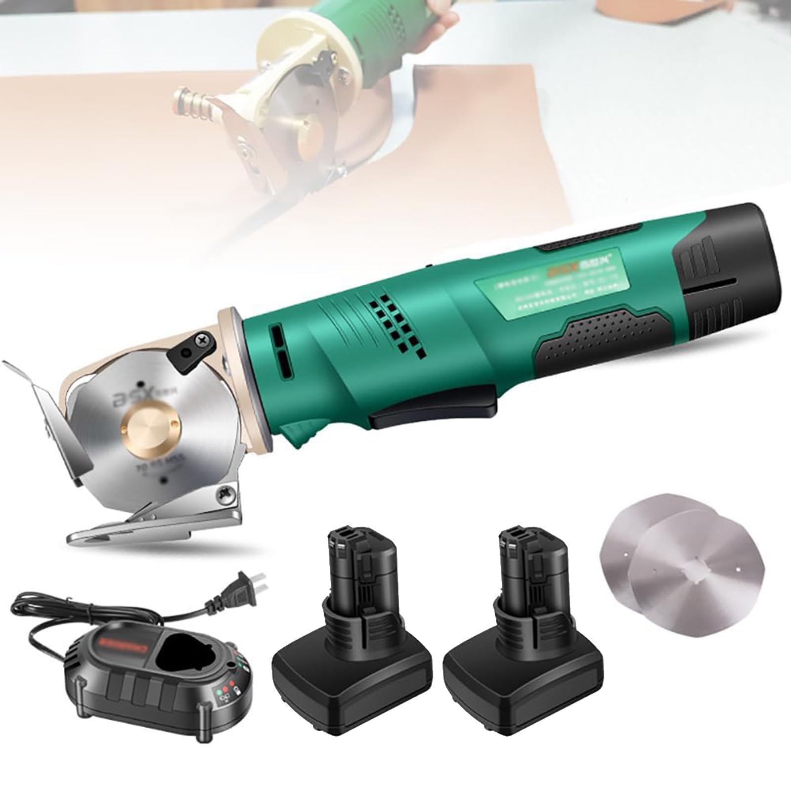Cortador de tela inalámbrico - Hoja de 90 mm, Tijeras giratorias eléctricas de mano - Grosor máximo de corte de 33 mm, Batería de litio de 4000 Mah - Corte de alfombras de caucho de cuero textil, 2 ba