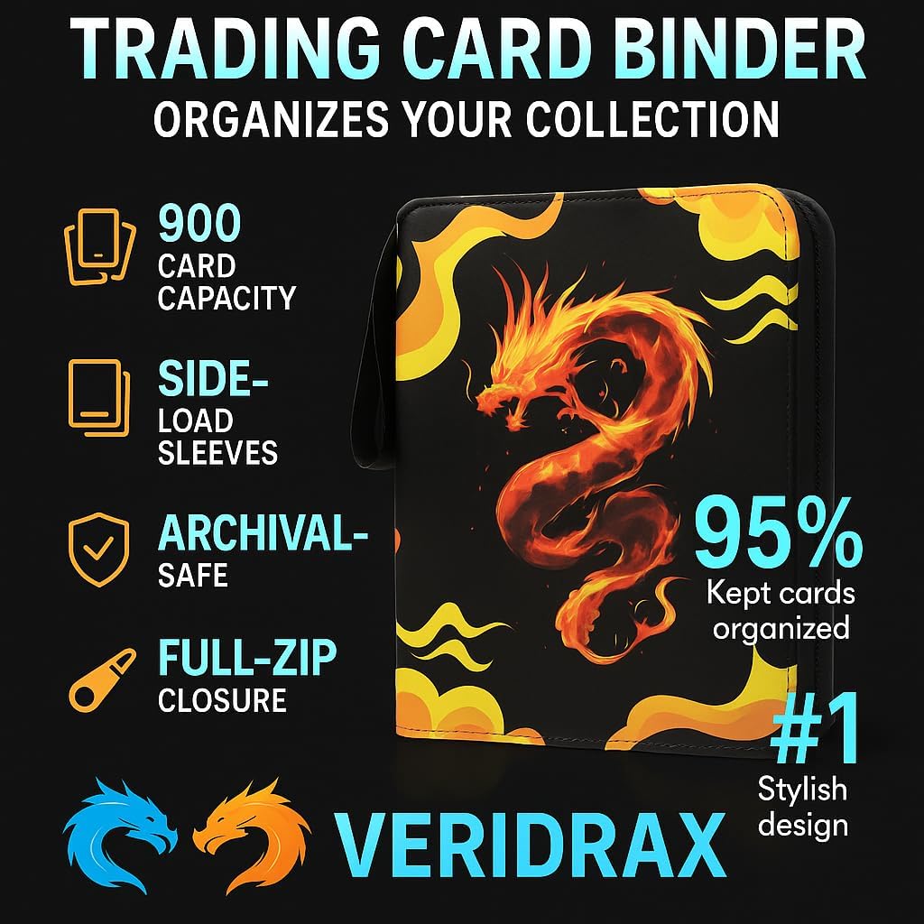 Card Binder – 9 Pocket Trading Card Binder – 900 Card Zipper Album with 50 Double Sided Sleeves, PU Leather Collector Case for Standard 2.5 × 3.5 in Game & Sports Cards