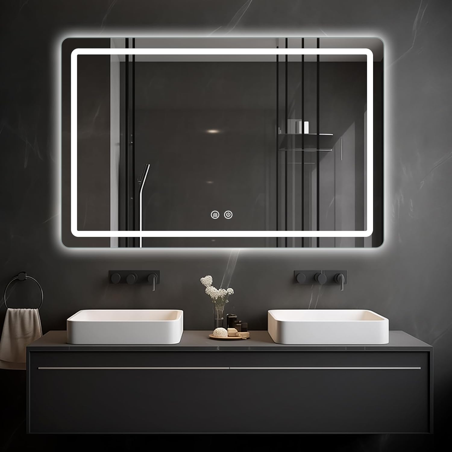 LED Bathroom Mirror, 48 x 36 Inch Anti-Fog Wall Mirror with Lights Stepless Dimmable, Lighted Bathroom Mirrors for Wall, Rectangle Bathroom Vanity Mirror with Front and Backlight, Horizontally Only